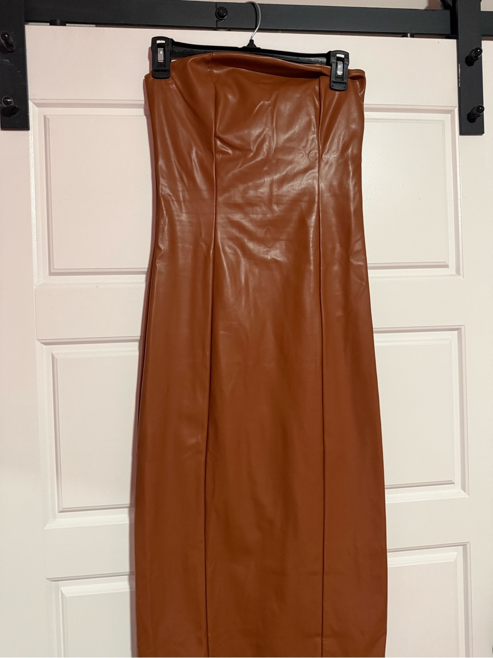 SHEIN Strapless Faux Leather Maxi Dress in Cognac Brown